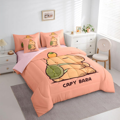 Manfei Cartoon Capybara Comforter Set 7 Pcs Turtle Shell Kawaii Kids Bed Set Lazy Cute Animal Bedding Twin with Comforter,Fitted Sheet,Flat Sheet,Pillowcases,Pillow Covers Twin Peach Pink