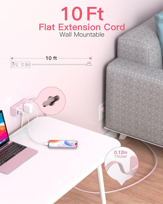 10Ft Extension Cord with Multiple Outlets,Flat Plug Power Strip Surge Protector with 10 Ft Long Cord,6 Outlet 4 USB Ports (2USB C),Multi Outlet Wall Plug for College,Dorm Essentials(Pink)