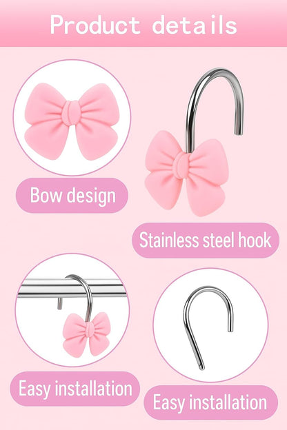 12 Pink Bow Resin Shower Curtain Hooks - Cute Bathroom Decor for Girls, Princesses and Glam Style
