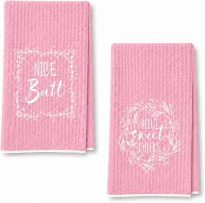 wuguimeii Funny Pink Bathroom Hand Towels - Hello Sweet Cheeks Decorative Kitchen Rustic Bath Towel - Pink Bathroom Accessories Waffle Towel for Farmhouse Restroom 16X24 Inches