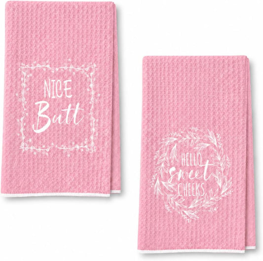 wuguimeii Funny Pink Bathroom Hand Towels - Hello Sweet Cheeks Decorative Kitchen Rustic Bath Towel - Pink Bathroom Accessories Waffle Towel for Farmhouse Restroom 16X24 Inches