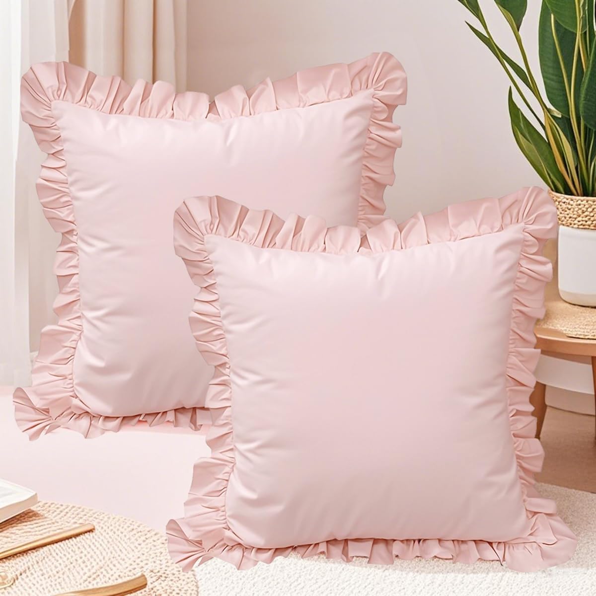 QSH Pink Ruffled Euro Pillow Shams Set of 2, Shabby Boho Chic Farmhouse Euro Pillow Covers Vintage Ultra Soft and Breathable Microfiber Pillowcases 26"x26" for Bedroom