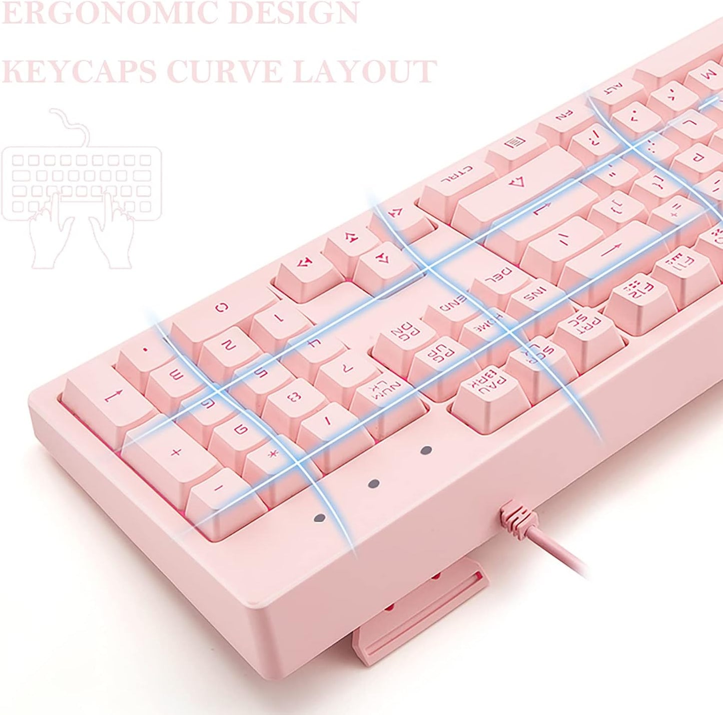 Basaltech Pink Keyboard with 7-Colors LED Backlit, 104 Keys Silent Creamy Wired USB Keyboard, Double Shot Keycaps Light Up Keyboard for Computer, Mac, Laptop