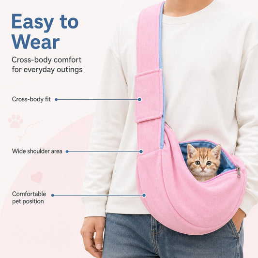Cat Sling Carrier for Cats and Kittens, Soft Fleece Pet Sling Carrier Bag with Adjustable Shoulder Strap, Hands-Free Puppy and Small Dog Carrier Sling Travel Pouch for Small Pets Under 10 lbs, Pink