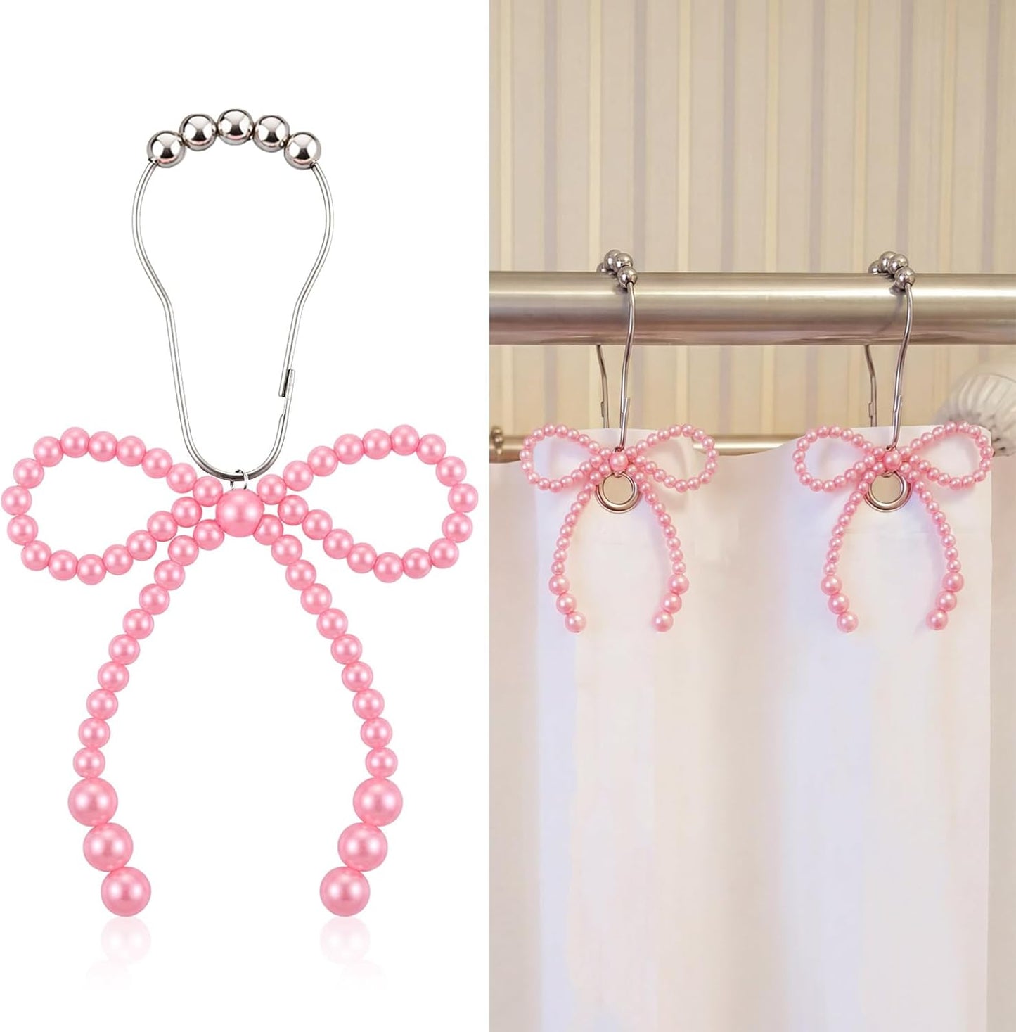 Novabright 12 Pcs Pearl Bow Shower Curtain Hooks Decorative Elegant Bowknot Shower Curtain Rings Hangers for Standard Rods Bathroom Baby Room Decoration (Pink)