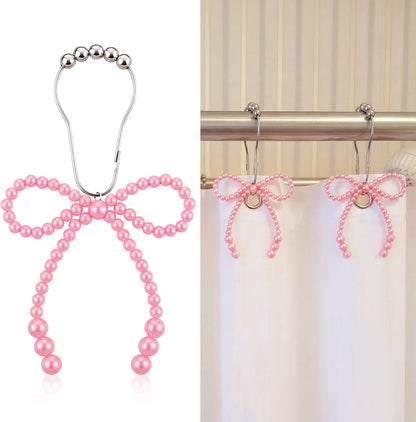 Novabright 12 Pcs Pearl Bow Shower Curtain Hooks Decorative Elegant Bowknot Shower Curtain Rings Hangers for Standard Rods Bathroom Baby Room Decoration (Pink)