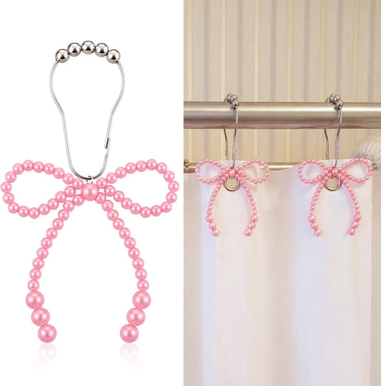 Novabright 12 Pcs Pearl Bow Shower Curtain Hooks Decorative Elegant Bowknot Shower Curtain Rings Hangers for Standard Rods Bathroom Baby Room Decoration (Pink)