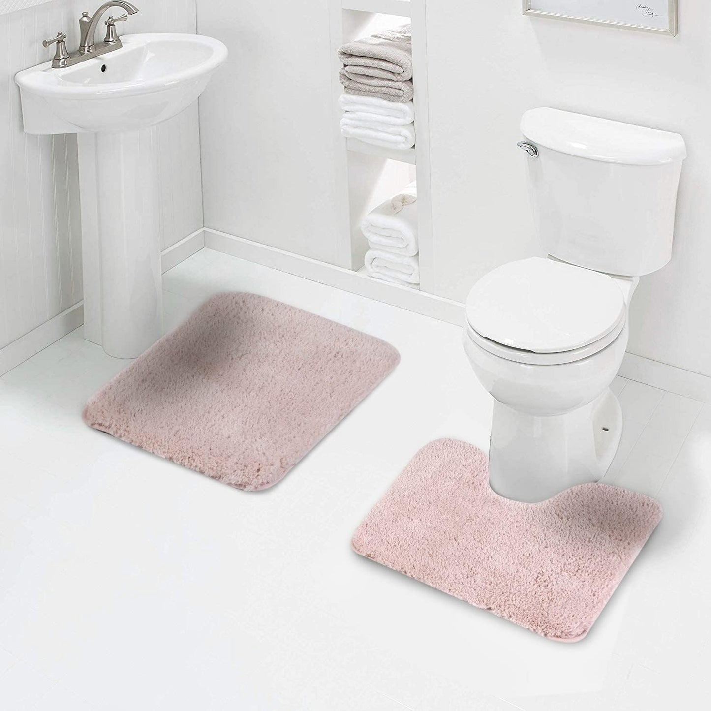 Walensee Shaggy 2 Piece Bath Rug Set (Dusty Pink) - 20 x 24 U Shape Contour & 20 x 32 Bath Mat - Machine Wash/Dry - Plush Absorbent Non Slip