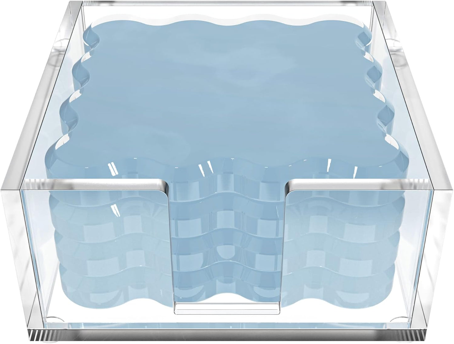 GRAHAM DESIGN Square Scalloped Acrylic Drink Coaster Set 4‑Pack with Square Holder (Light Blue)