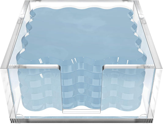 GRAHAM DESIGN Square Scalloped Acrylic Drink Coaster Set 4‑Pack with Square Holder (Light Blue)