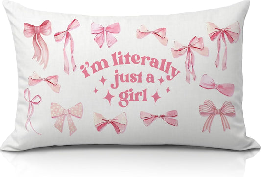 Coquette Bow Pink 12x20 Pillow Cover, Girly Room Decor Aesthetic, Preppy I'm Literally Just a Girl Lumbar Pillow Covers Decorative for Girls Bedroom College Dorm Apartment Sofa Couch