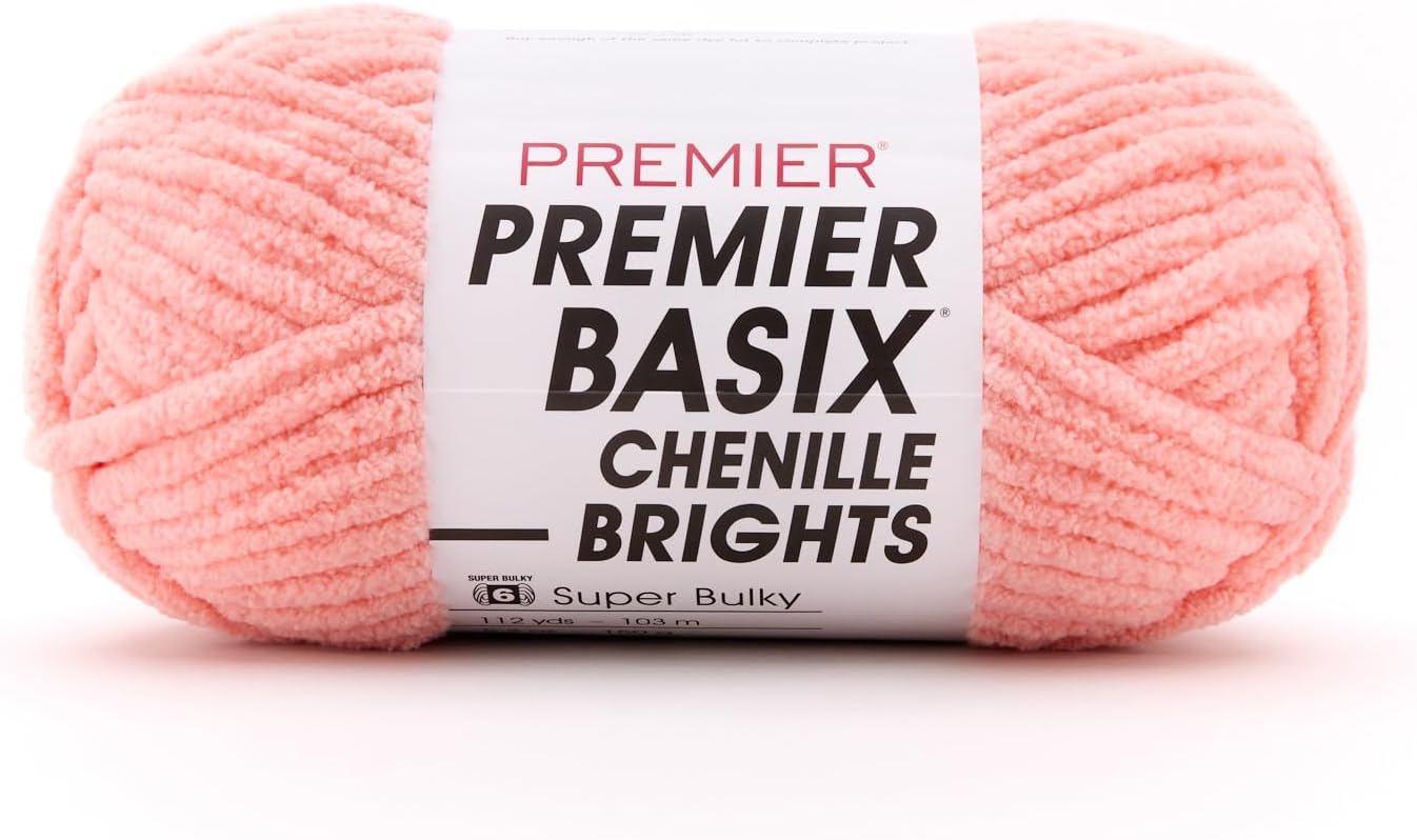 Premier Basix Chenille Brights Yarn, Plush Bulky Chenille Yarn for Crocheting & Hand Knitting, Soft Yarn for Cozy Projects, Chunky Yarn for Hand Knitting, Peach