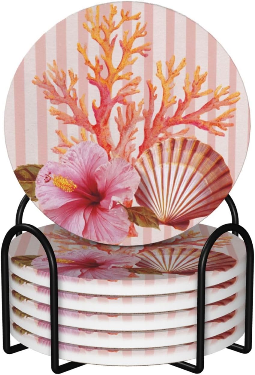 Light Pink Scallop Shell Hibiscus Flower Ceramic Coasters with Holder Set of 6 Coffee Cup Drink Coasters