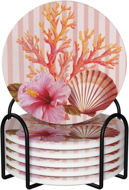 Light Pink Scallop Shell Hibiscus Flower Ceramic Coasters with Holder Set of 6 Coffee Cup Drink Coasters