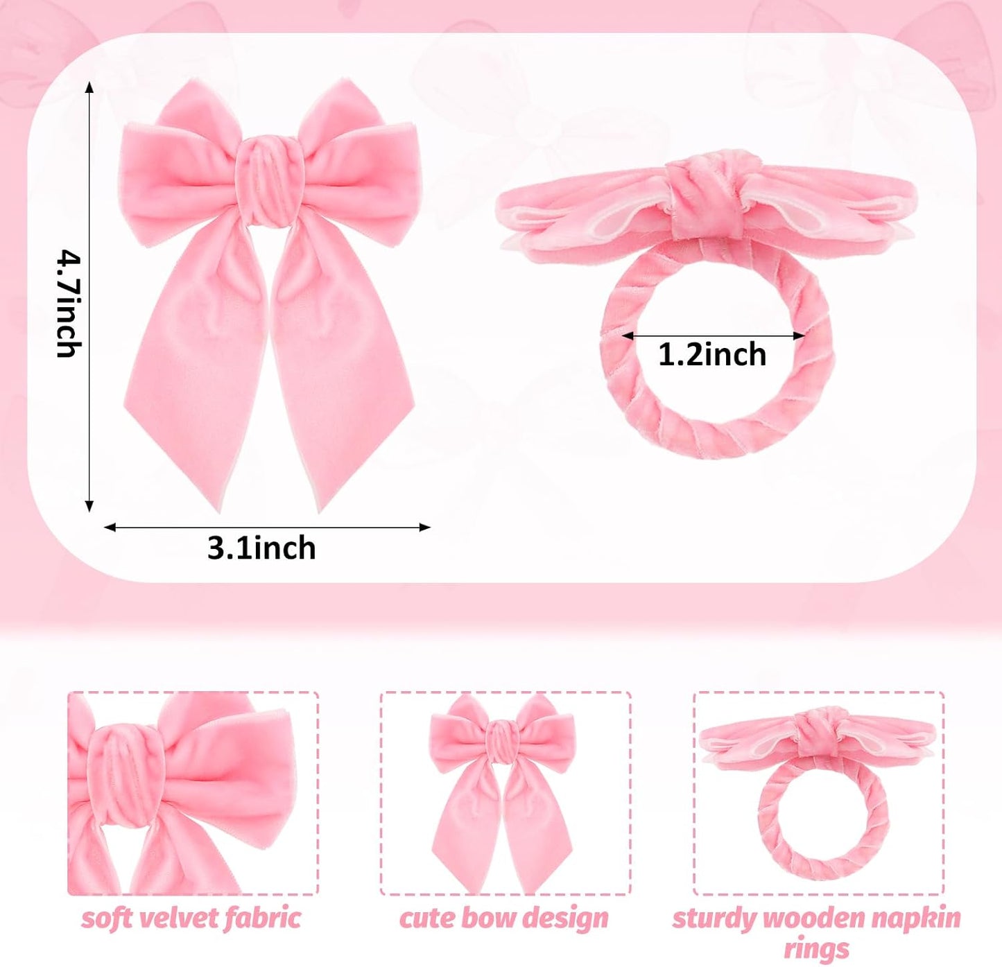 FYSUIMU 10Pcs Large Bow Napkin Rings Velvet Pink Bowknot Napkin Holder Chic Napkins Buckle Dinner Table Ring for Wedding Valentine’s Day Party Table Decor