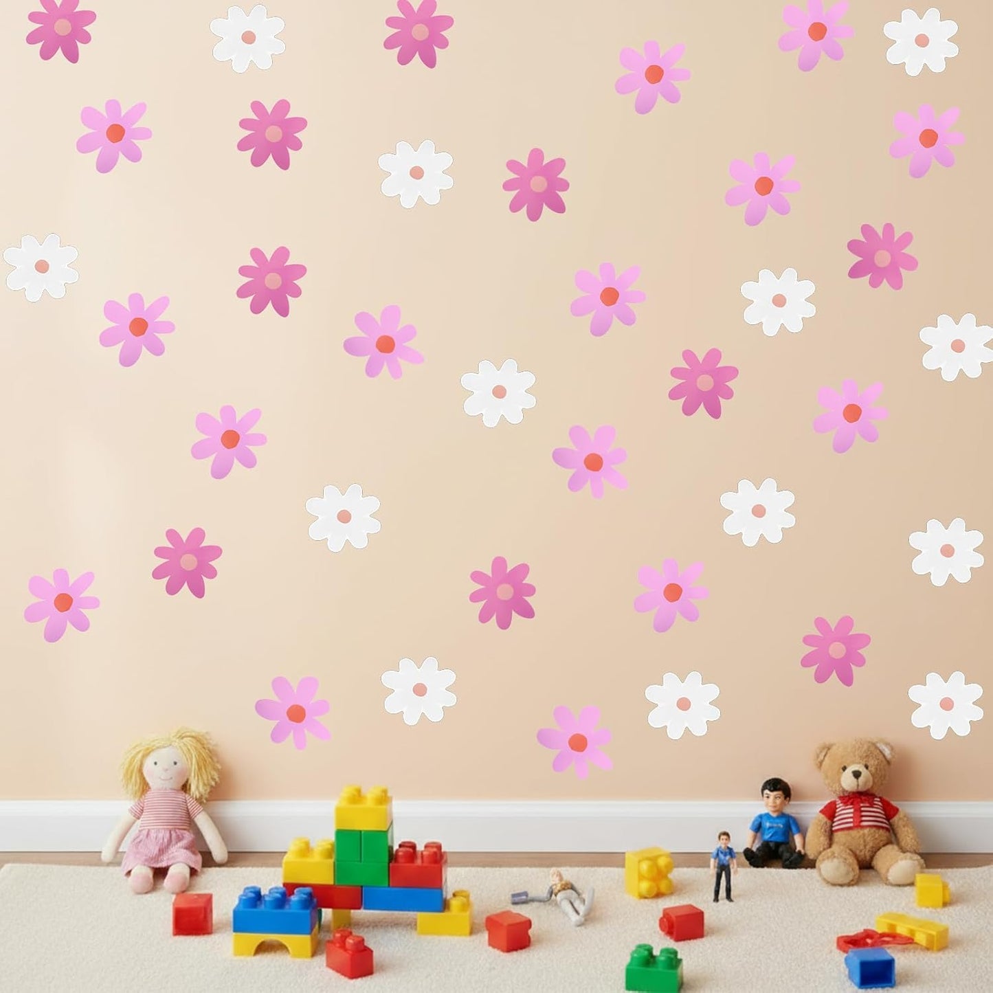6 Sheets Pink Daisy Wall Decal, Flower Wall Sticker Flower Wall Decor Vinyl Peel and Stick Floral Decals Cute Daisy Wallpaper for Nursery, Girls Bedroom Decor, Classroom (Pink, White)