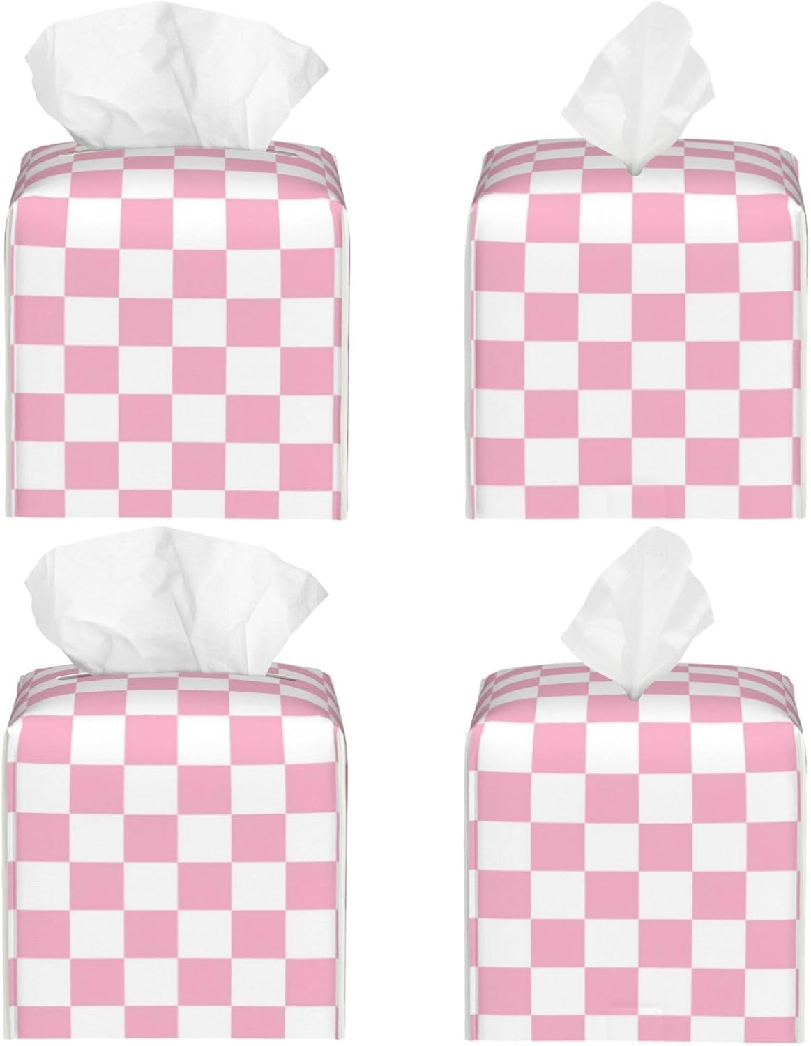 Pink Pastel Checkered Tissue Box Cover Square-Pu Leather Tissue Box Cover Holder-Paper Case Organizer for Bathroom,Night Stands,Office Desk,Car 5.2''X5.2''X5.2''