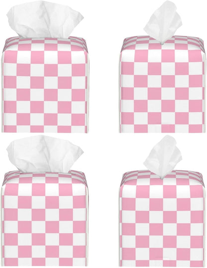 Pink Pastel Checkered Tissue Box Cover Square-Pu Leather Tissue Box Cover Holder-Paper Case Organizer for Bathroom,Night Stands,Office Desk,Car 5.2''X5.2''X5.2''