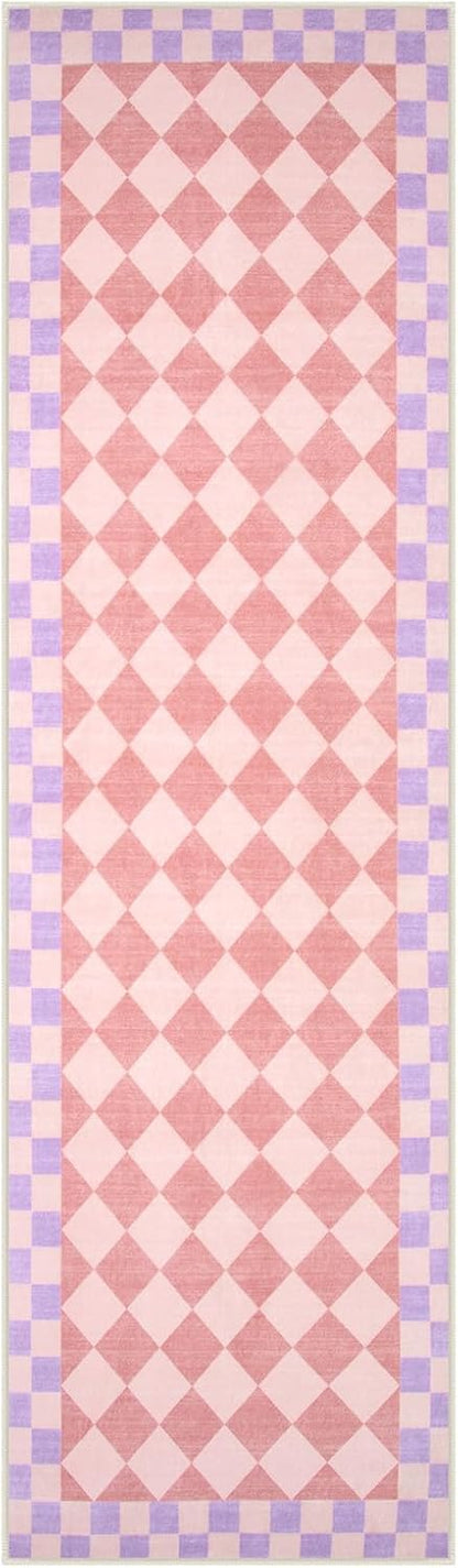 Morebes Pink Checkered Rug Runner for Hallways, 2x7 Washable Rug for Bedroom Non Slip Bath Mat, Soft Low Pile Checkerboard Indoor Carpet for Nursery Kids Room Playroom