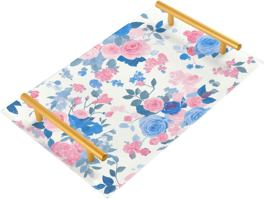 White Peach Blue Pastel Rose Decorative Eating Tray with Handles Board Serving Tray for Jewelry Perfume for Modern Serving bandeja para servir Cafe