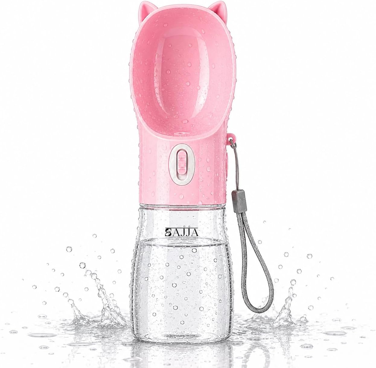 Dog Water Bottle Dispenser 380ml – Leak-Proof Lock, One-Hand Operation | Portable Pet Travel Water Bottle with Built-in Bowl | Pink- Don't Forget to Claim Your
