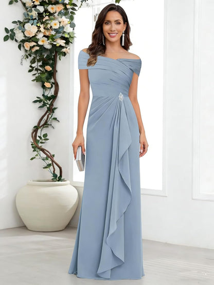 Off Shoulder Mother of The Bride Dresses Chiffon Beaded Formal Evening Gowns Wedding Guest Groom's Mother R65