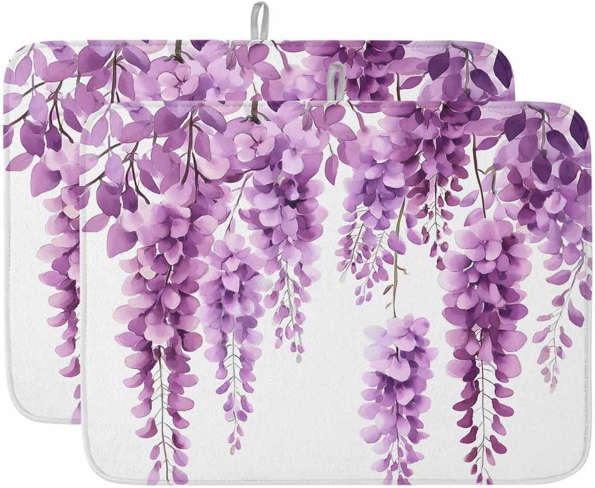 Dish Drying Mat 2 Pack 18" x 24" Wisteria Floral Absorbent Drying Mat for Kitchen Counter Light Pink Leaf Dish Drying Pad for Dishes Cups and Glassware Coffee Bar Accessories