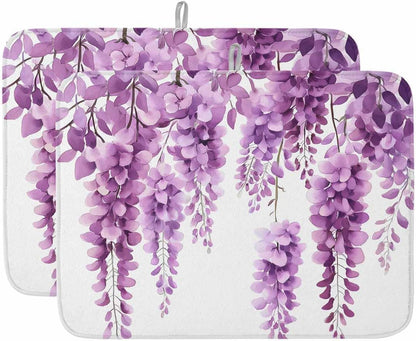Dish Drying Mat 2 Pack 18" x 24" Wisteria Floral Absorbent Drying Mat for Kitchen Counter Light Pink Leaf Dish Drying Pad for Dishes Cups and Glassware Coffee Bar Accessories