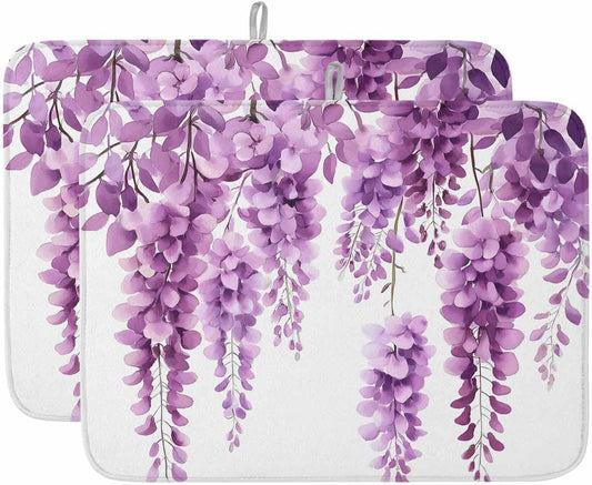 Dish Drying Mat 2 Pack 18" x 24" Wisteria Floral Absorbent Drying Mat for Kitchen Counter Light Pink Leaf Dish Drying Pad for Dishes Cups and Glassware Coffee Bar Accessories