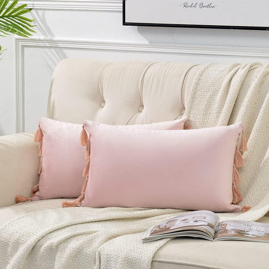 Fancy Homi 2 Pack Blush Pink Lumbar Decorative Throw Pillow Covers 12x20 Inch with Tassels for Living Room Couch Bedroom, Soft Velvet Solid Rectangle Cushion Case 30x50 cm, Boho Home Decor