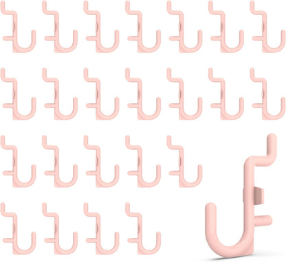 HUHOLE 100PC Pink J Shape Plastic Pegboard Hooks for 1/4 Inch Pegboards | Snap In Hooks with 15 lb Capacity for Jewelry, Crafts, Keys, Cables, Tools, Garage Organization and Retail