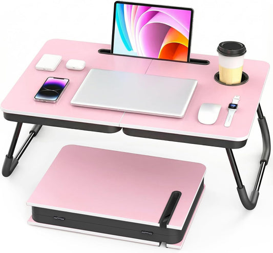 BUYIFY Portable Foldable Laptop Desk for Bed and Couch, Adjustable Lap Desk with Cup Holder and Phone Holder, Ideal for Working, Reading, Writing, and Breakfast (Pink) - SDC1