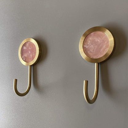 Solid Brass Decorative Wall Hook, Self-Adhesive Hole Free Wall Mount, Shining Gold Fancy Hook (Blossom Pink–Pack of 2)