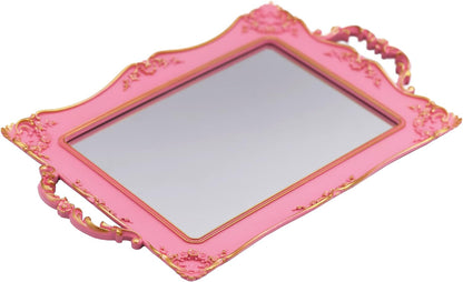 Tstarer Antique Decorative Pink Framed Square Mirror Tray, Jewelry & Cosmetics Organizer for Dresser, Square - 9.5" x 14.5"(Pink)