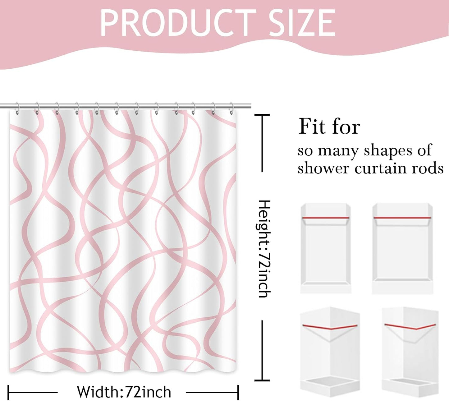 Mocsicka Pink Striped Shower Curtain with 12 Hooks Modern Abstract Wavy Pink Shower Curtain for Girls Women Waterproof Fabric Bath Curtain, 72 x 72 Inch