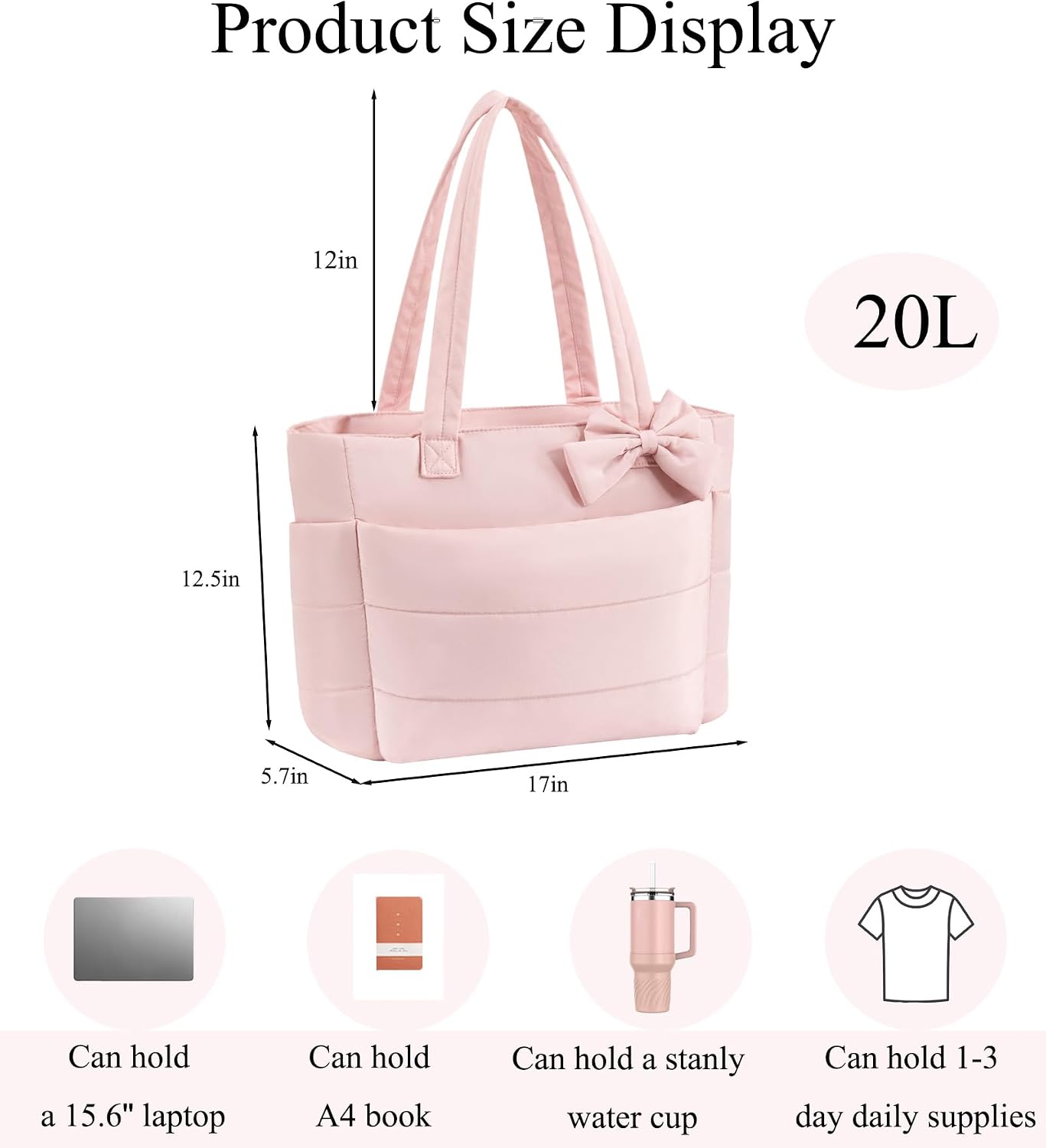 CTWWFS Puffer Tote Bag for Women, Quilted Bow Tote Bag with Cup Holder & 15.6 In Laptop Compartment for Work, Travel, Gym