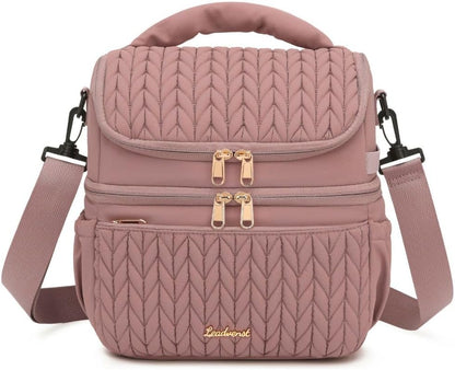 Lunch Bag Women, Double Deck Insulated Lunch Box - Large Capacity 12L with Detachable Divider for Tall Items, Leakproof, Durable & Reusable Cooler Bag For Work Picnic Travel, Quilted Pink