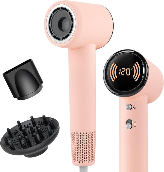 Chignon Hair Dryer with Diffuser, Ionic Travel Hairdryer with 160,000 RPM High-Speed Motor for Fast Drying, 1600W Lightweight Blow Dryer with Concentrator for Women Men, Professional Salon Home, Pink