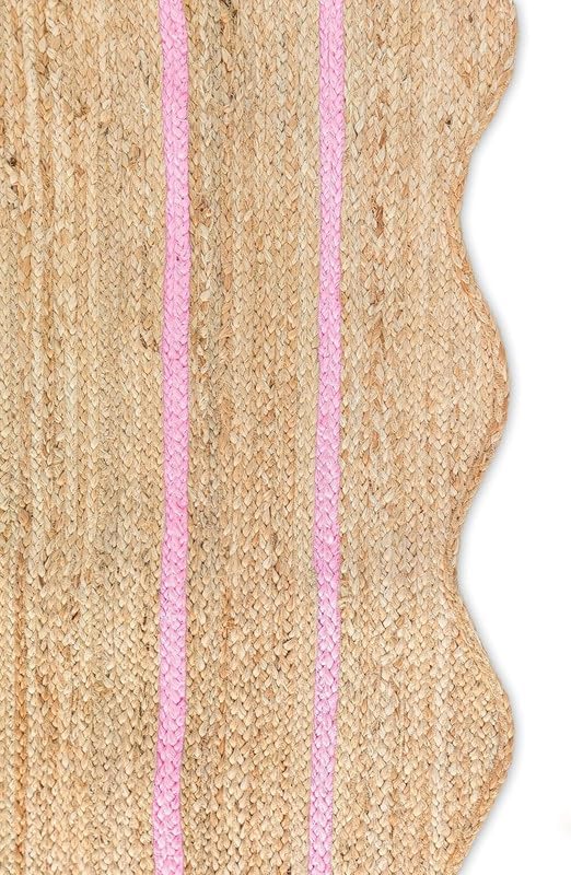 Scalloped Natural Jute Rug 2'x3' Ft – Handwoven Boho Farmhouse Area Rug, Braided Eco Friendly Entryway Rug, Natural Fiber Carpet for Living Room & Bedroom, (Light Pink, 2'x3')