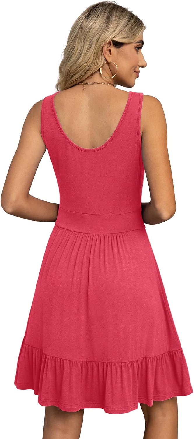 LILBETTER Women's Summer Casual U Neck Sundresses Pleated Knee Length Sleeveless Tank Dress