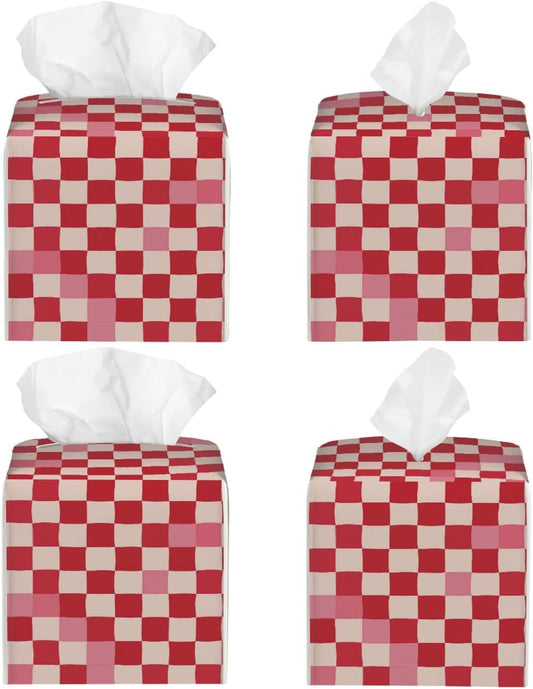 Pink Beige Plaid Checkerboard Pattern Tissue Box Cover Leather Tissue Box Case Holder Decorative Facial Paper Organizer for Car Bathroom Tabletop