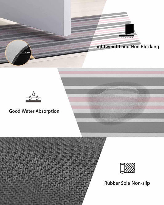 Pink Striped Bath Mat for Tub,Geometric Grey White Horizontal Stripe Non Slip Bathroom Floor Runner Rug Quick Dry & Absorbent Diatomaceous Earth Shower Sink Bedroom Kitchen Living Room Doormat 16"x24"