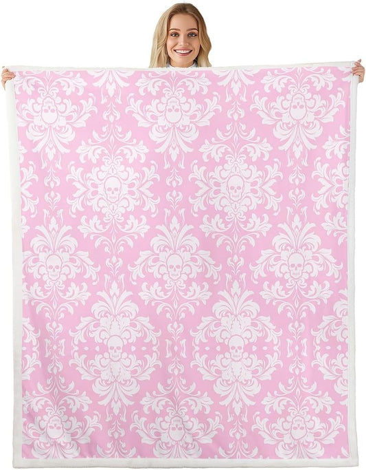 jejeloiu Damask Pattern Fleece Throw Blanket Throw 50"x60" Vintage Floral Flower Pink Sherpa Blanket Plush Fuzzy for Adults Teens Gothic Bone Skeleton Antique Victorian Baroque for Bed Couch Chair