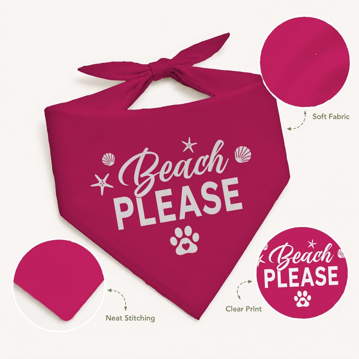 Beach Please Dog Bandana, Summer Pet Triangle Scarf for Beach Vacation Pool Party Photo Outfit, Hot Pink Neckerchief for Small Medium Dogs