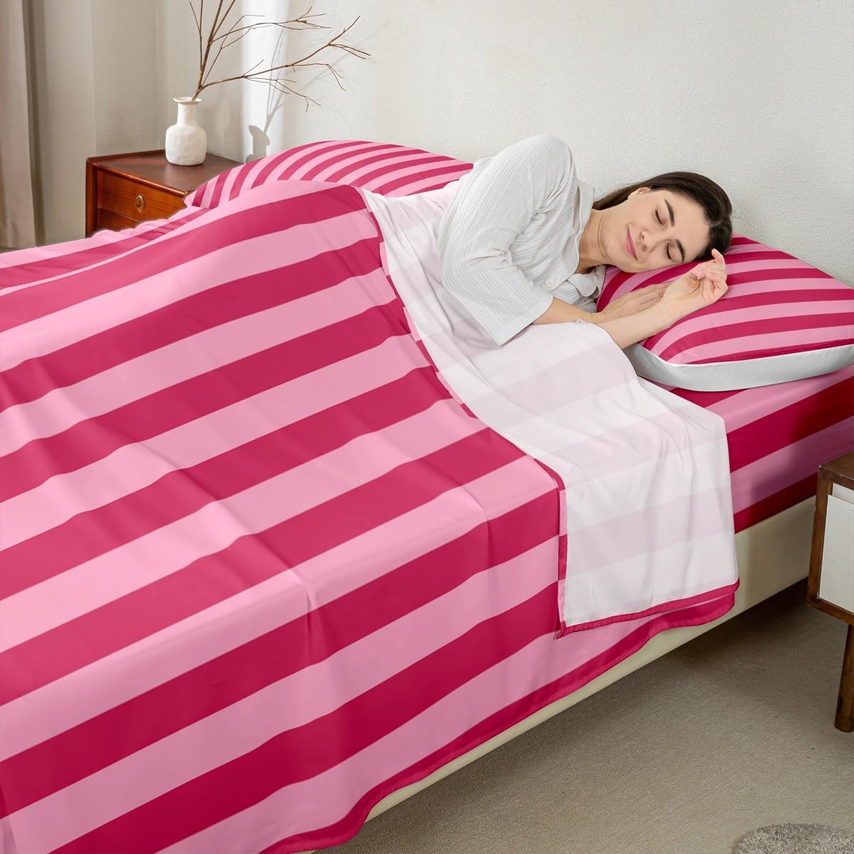 Rose Pink Red Bedding for Kids Boys Girls Abstract Stripes Bed Sheets Set King Size Geometric 4 Pieces Sheet with 16 Inch Deep Pockets Bedroom Decor Breathable Soft Lightweight Microfiber Modern 4Pcs