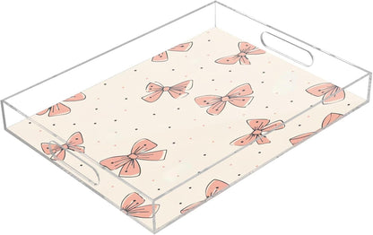 YETTASBIN Light Pink Bow Acrylic Serving Tray with Handles 12 x 16 Inch, Sturdy Spill-Proof & Non-Slip Decorative Tray for Kitchen Countertop, Bathroom Vanity Organizer, Ottoman Coffee Table