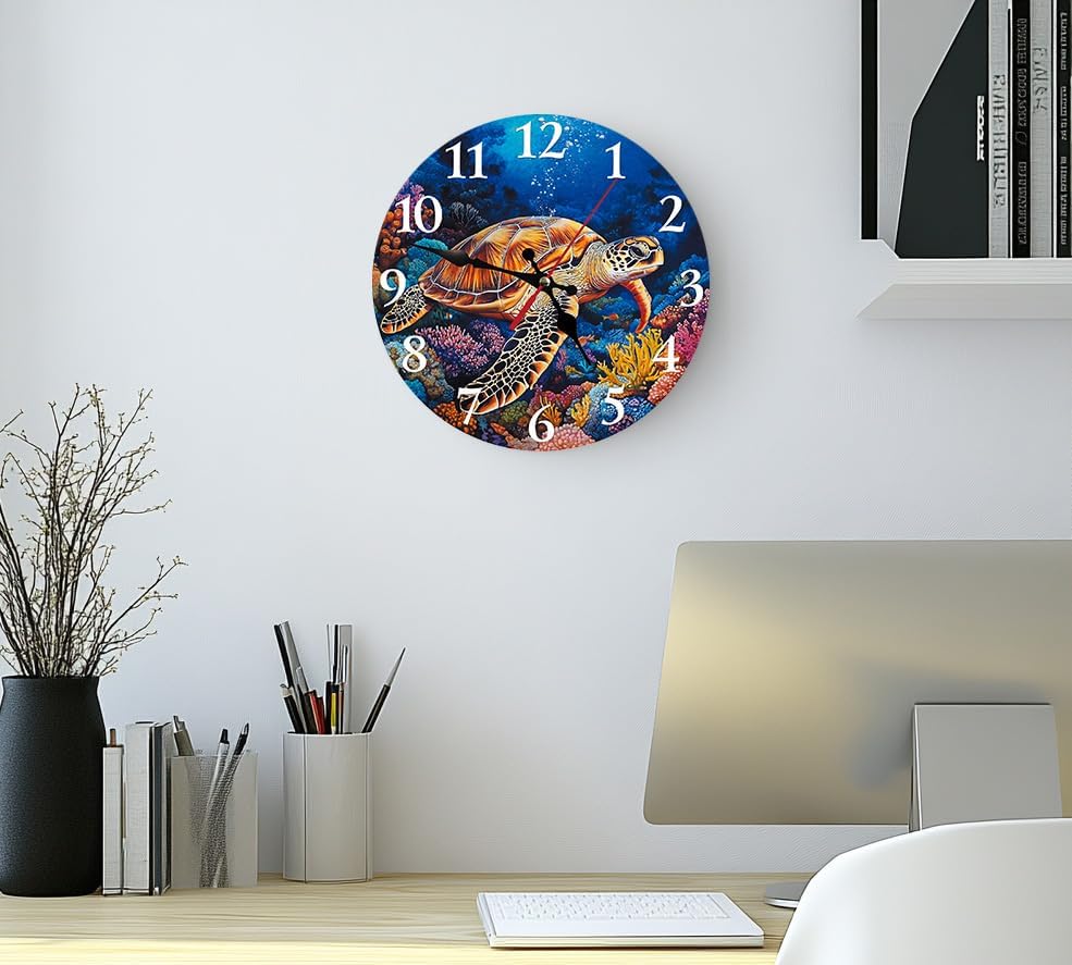 Silent Non Ticking Wall Clock 12 Inch, Turtle Coral Beach Ocean Round Wood Glare Free Clock, Battery Operated, Decorative Gift for Bathroom, Kitchen, Living Room, Bedroom, Nursery, Office