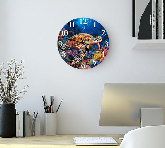 Silent Non Ticking Wall Clock 12 Inch, Turtle Coral Beach Ocean Round Wood Glare Free Clock, Battery Operated, Decorative Gift for Bathroom, Kitchen, Living Room, Bedroom, Nursery, Office