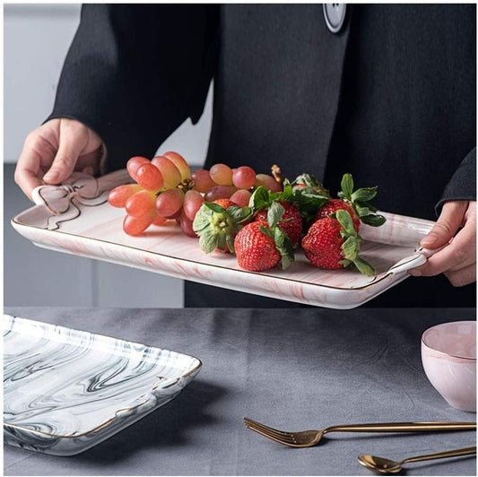 Nordic Ceramic Square Tray Marble Afternoon Tea Dessert Fruit Plate Dessert Cake Dish Cup Storage Tray(Color:Pink)