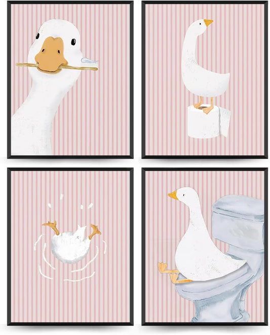Wheatwin Girls Bathroom Decor Set, Pink Goose Nursery Animal Bathroom Wall Decorations for Kids Toddler Little Girls Toilet Washroom, 8x10 Unframed 4Pcs - Pink